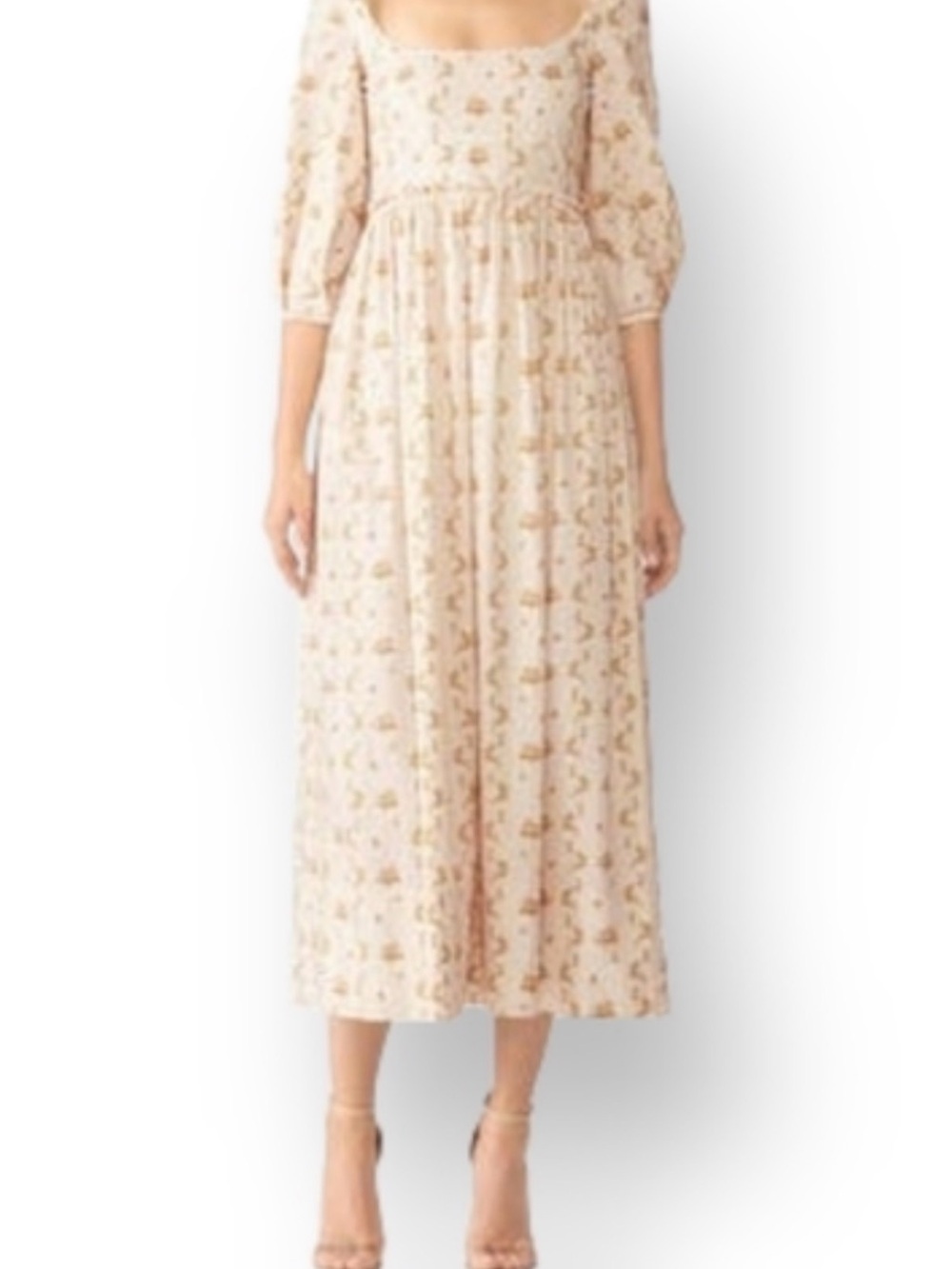Brock Collection Ondina Dress 4 Floral Scoop Neck 3/4 Puffed Sleeve Pockets Midi